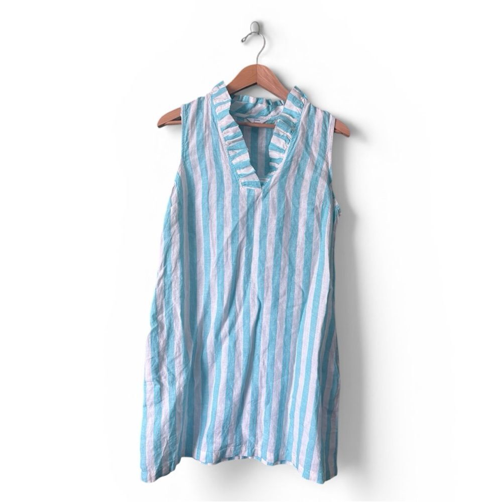 Crown & Ivy 100% Linen White Blue Striped Ruffle VNeck Pocket Dress Sz L